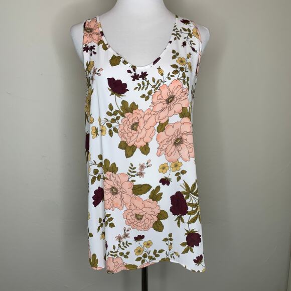 LOFT Cream Pink Brown Floral Print Tank Shell Sz Large - Picture 1 of 7